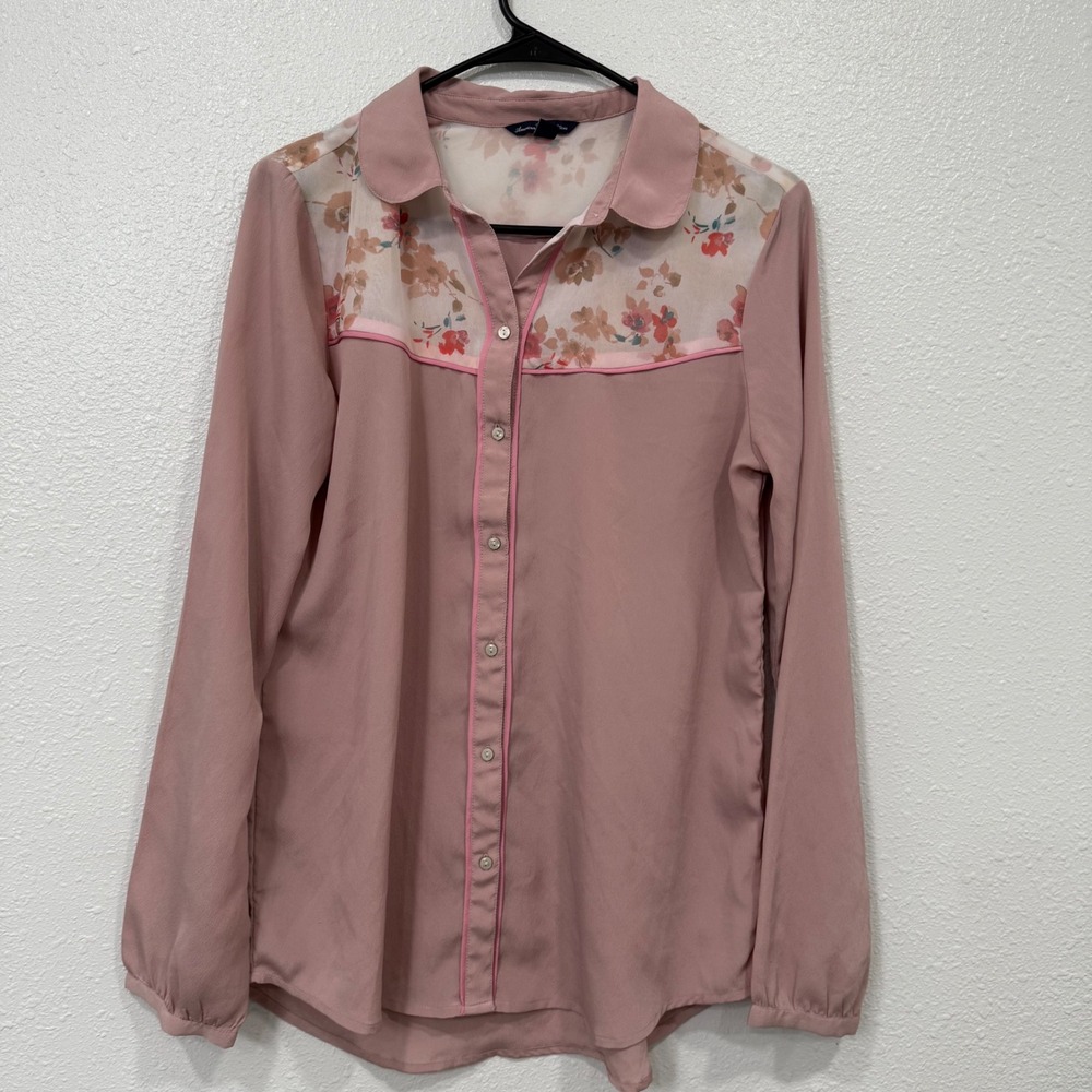 American Eagle Outfitters Womens M Pink Floral Sheer Long Sleeve Button Up Shirt